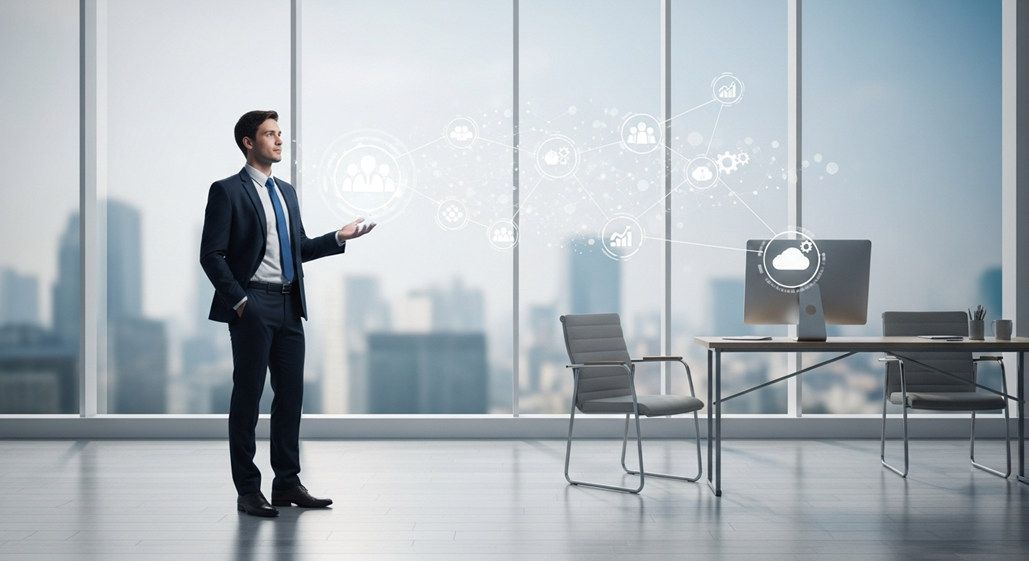 Un imprenditore in un ufficio moderno osserva una rete digitale di icone che rappresentano il team, l'automazione e i processi aziendali, simboleggiando la delega e l'outsourcing.