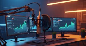 Postazione professionale da creator con dashboard YouTube Analytics e microfono, strategia di affiliate marketing su YouTube.