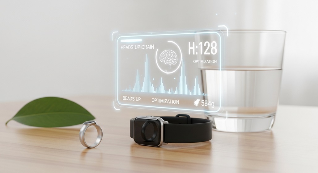 Dispositivi wearable come smart ring e smartwatch con interfaccia olografica per il biohacking e l'ottimizzazione di salute ed energia.