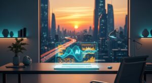 Laptop con interfaccia olografica AI e grafici di analisi dati in un ufficio moderno con vista città al tramonto.