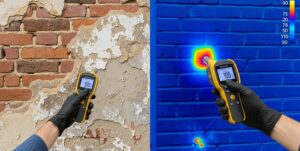 Tecnico esegue diagnosi di umidità di risalita su parete in mattoni con termocamera e barriera chimica.