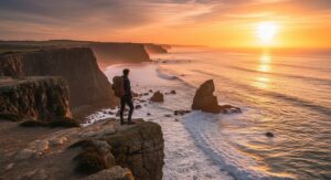 Giovane viaggiatore solitario con zaino in spalla ammira il tramonto da una scogliera sull'oceano, meta ideale per viaggiare da soli.