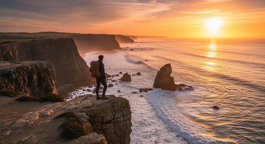 Giovane viaggiatore solitario con zaino in spalla ammira il tramonto da una scogliera sull'oceano, meta ideale per viaggiare da soli.
