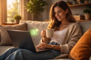 Ragazza sorridente e rilassata che lavora al computer dal divano di casa, scoprendo come guadagnare con le affiliazioni senza investimenti.