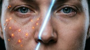 Macrofotografia che mostra un viso con infiammazione sebacea a sinistra e pelle sana a destra, per illustrare come rimuovere i brufoli.