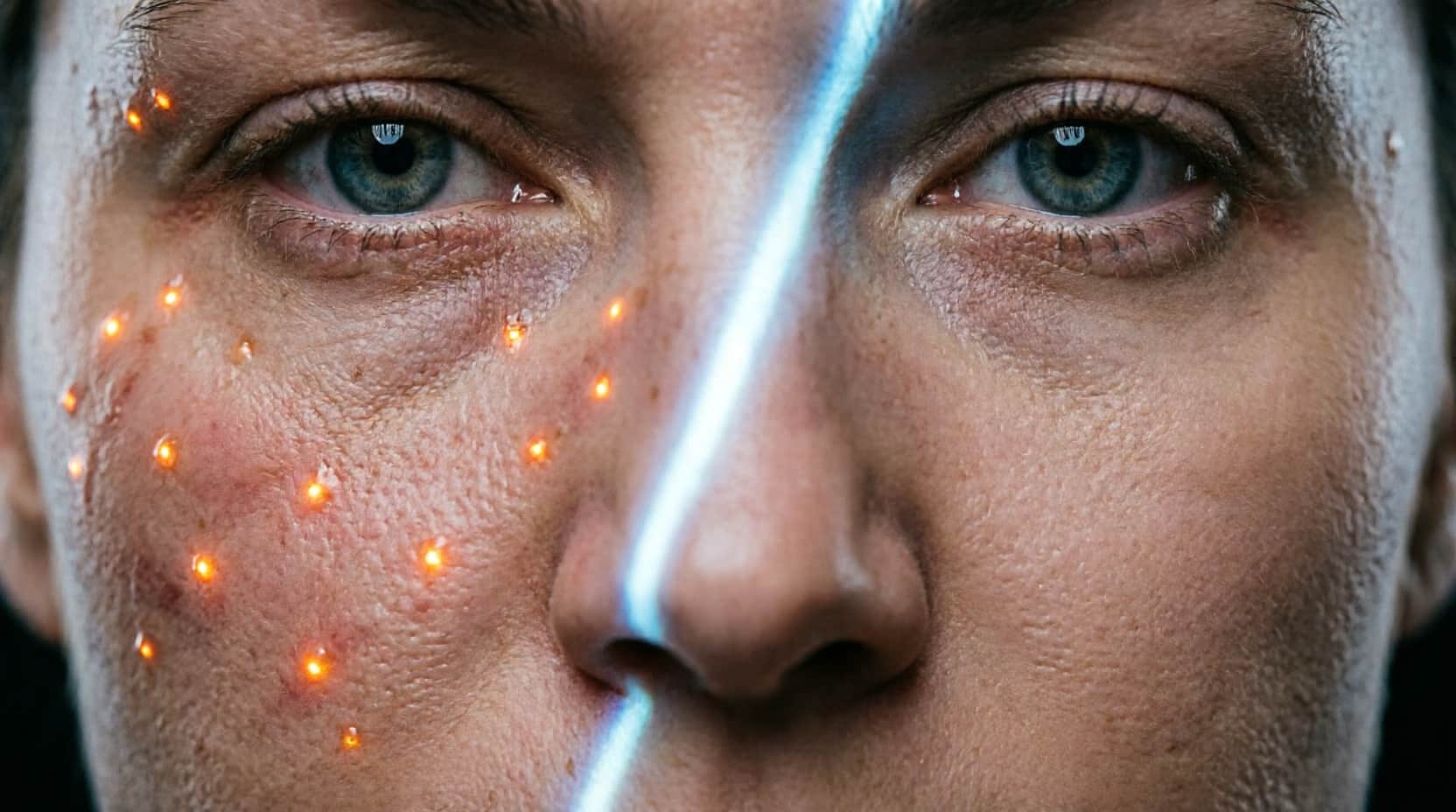 Macrofotografia che mostra un viso con infiammazione sebacea a sinistra e pelle sana a destra, per illustrare come rimuovere i brufoli.