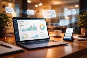 Dashboard email marketing con workflow automation e metriche di campagna aperta su laptop