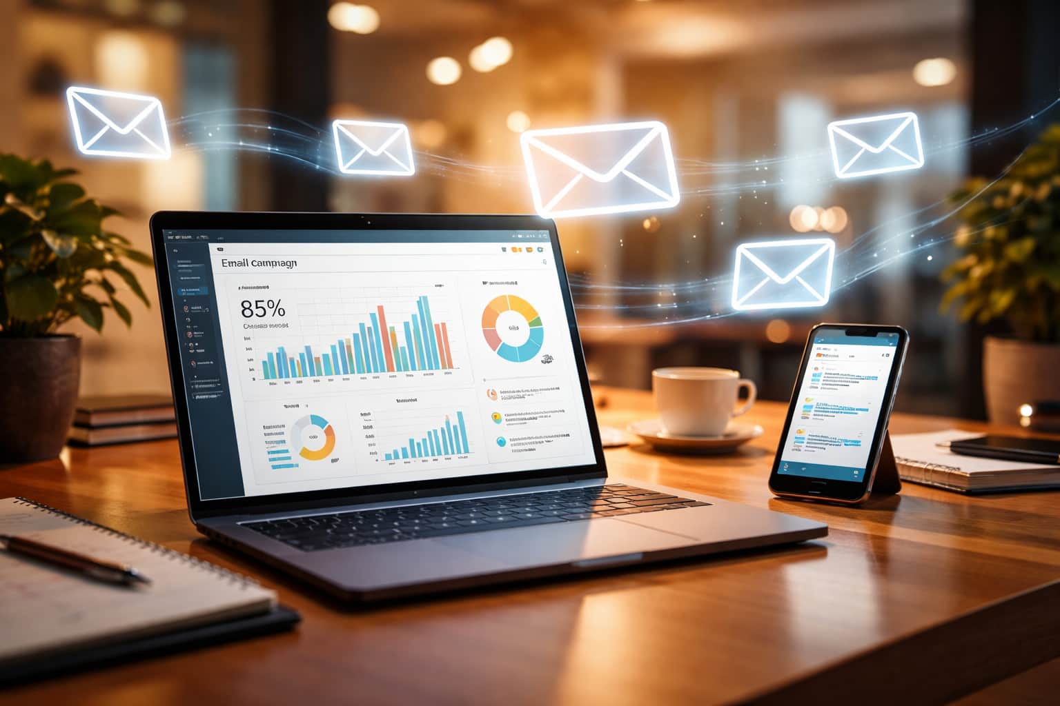 Dashboard email marketing con workflow automation e metriche di campagna aperta su laptop