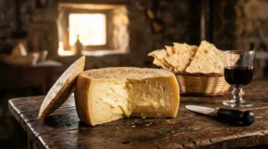 Primo piano di una forma di pecorino sardo Casu Marzu scoperchiata, che mostra la pasta interna dorata e cremosa con piccolissime larve di Piophila casei, disposta su un tavolo rustico di legno accanto a sfoglie di pane carasau e un bicchiere di vino rosso Cannonau