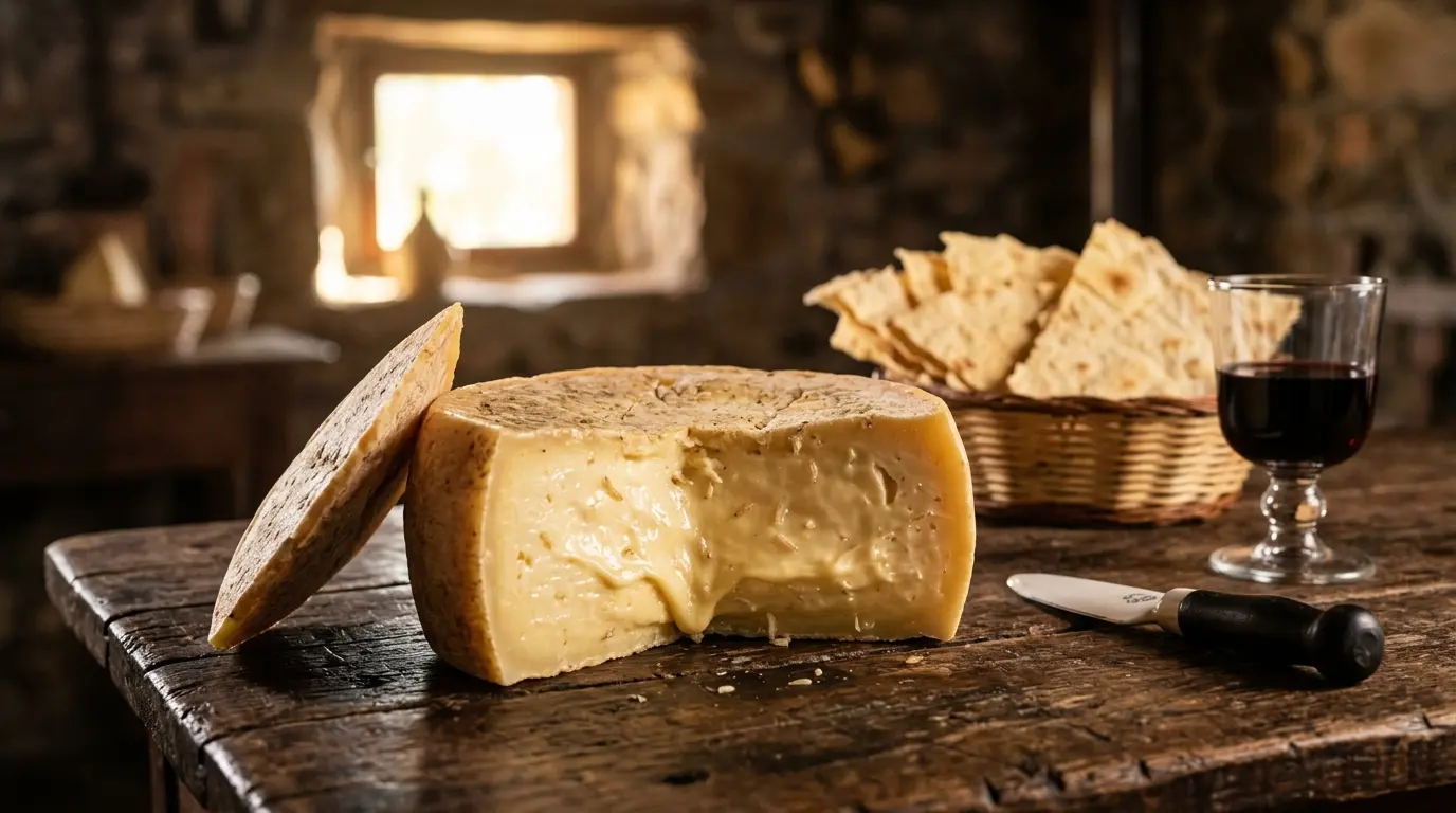 Primo piano di una forma di pecorino sardo Casu Marzu scoperchiata, che mostra la pasta interna dorata e cremosa con piccolissime larve di Piophila casei, disposta su un tavolo rustico di legno accanto a sfoglie di pane carasau e un bicchiere di vino rosso Cannonau