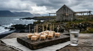 Cubetti di Hákarl, lo squalo fermentato islandese, serviti su un tagliere di legno rustico accanto a un bicchierino di acquavite Brennivín, con un tipico capanno di essiccazione (hjallur) sullo sfondo.